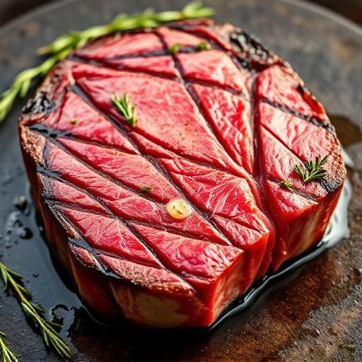 A beautifully marbled Prime Ribeye steak, grilled medium-rare and topped with herbs and butter.