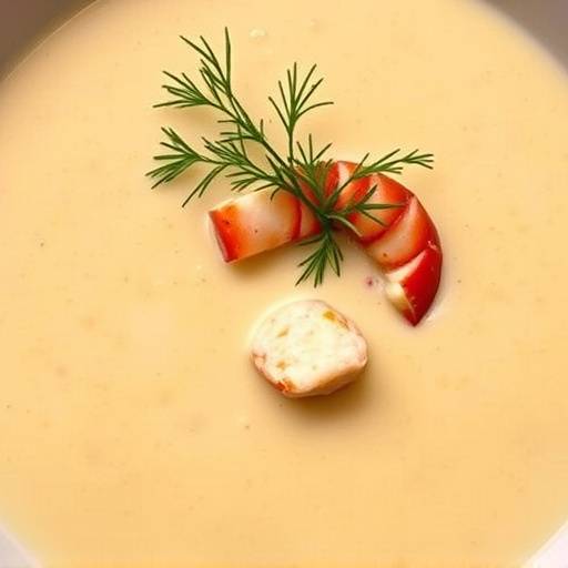 A bowl of creamy Lobster Bisque, garnished with fresh dill.