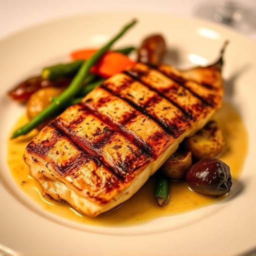 A Grilled Swordfish steak served with roasted vegetables on a white plate.