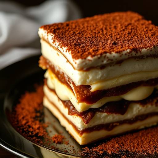 A layered Tiramisu dessert with coffee soaked ladyfingers, mascarpone cream, and cocoa powder.