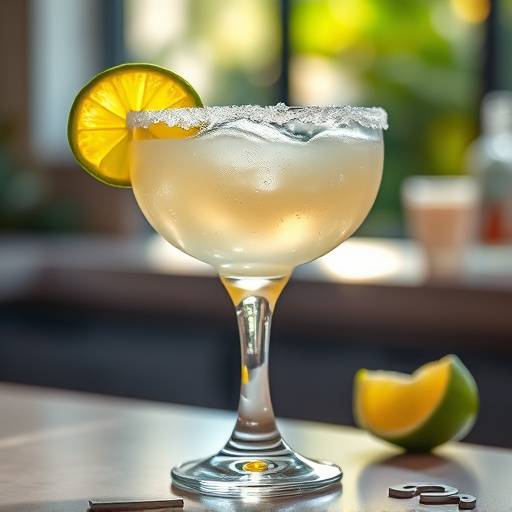 A Margarita cocktail in a salt rimmed glass with a lime wedge.