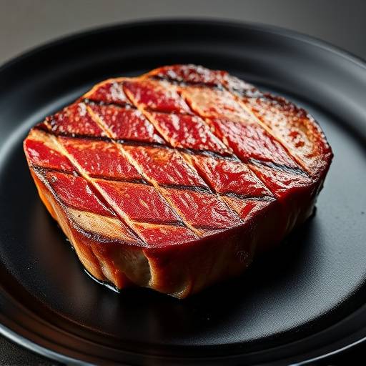 A perfectly cooked Prime Ribeye steak on a black plate.