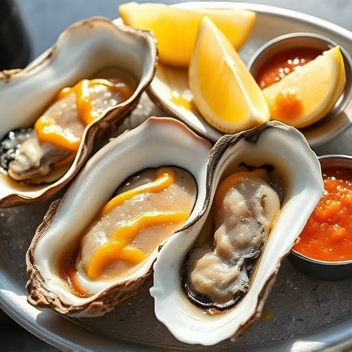 A plate of fresh Oysters on the Half Shell, garnished with lemon wedges and mignonette sauce.