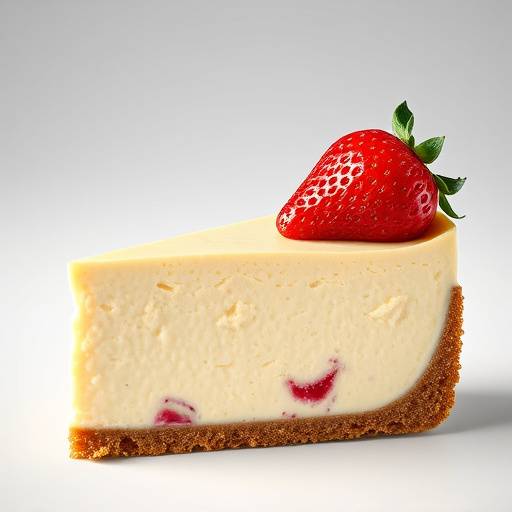 A slice of New York Cheesecake with a graham cracker crust and a strawberry garnish.