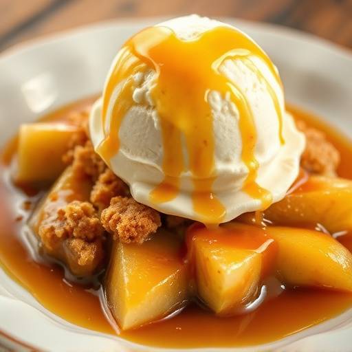 A warm Apple Crumble topped with vanilla ice cream and caramel sauce.
