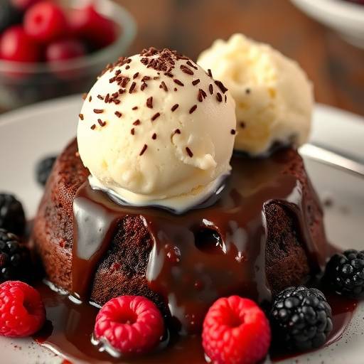 A warm Chocolate Lava Cake with molten chocolate flowing out, served with vanilla ice cream and berries.