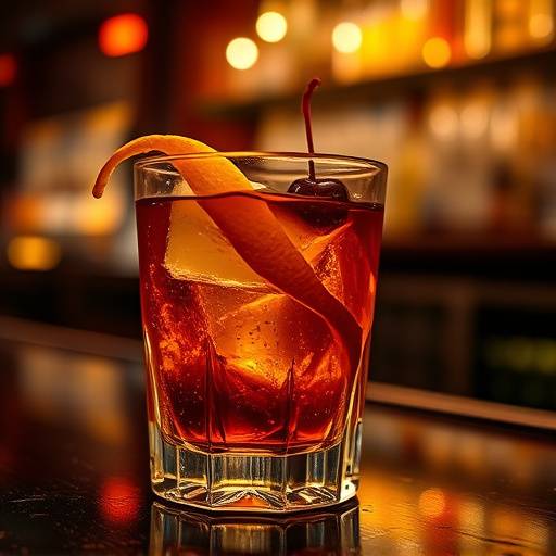 An Old Fashioned cocktail in a rocks glass with an orange peel and a cherry.