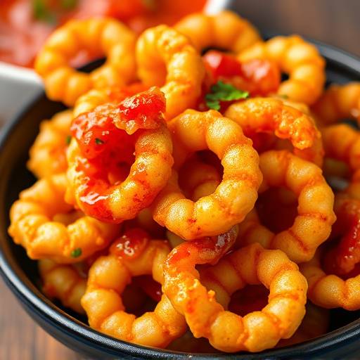 Golden Calamari Fritti served with a spicy marinara sauce in a small black bowl.