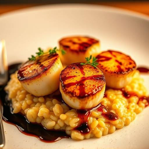 Pan Seared Scallops served on a bed of risotto with a drizzle of balsamic glaze.
