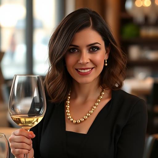 Portrait of Sofia Garcia, the Head Sommelier of The Gilded Spoon, holding a wine glass with expertise.
