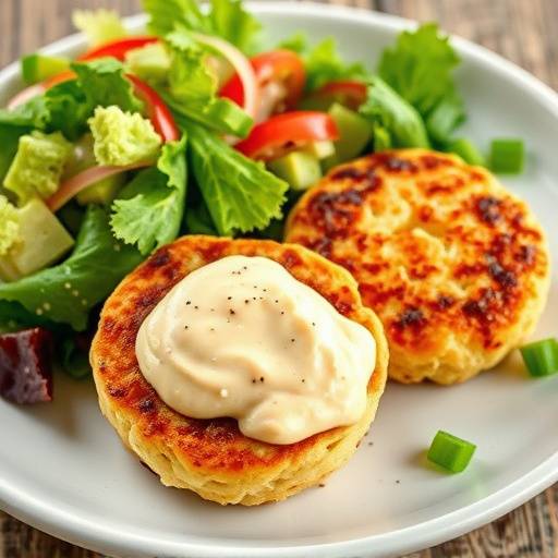 Two golden brown Crab Cakes served with a remoulade sauce and a side salad.