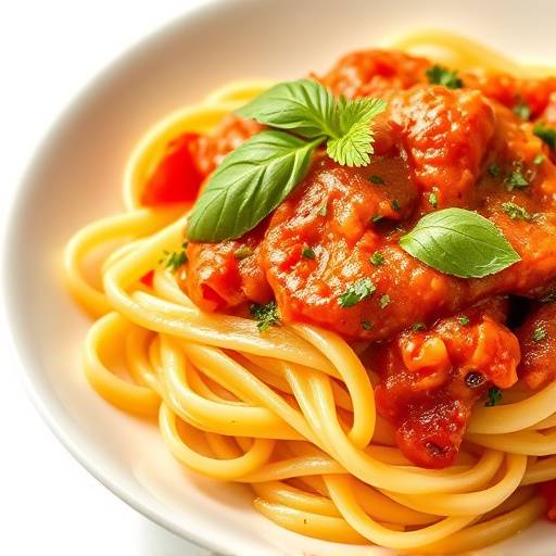 Vegetarian pasta dish with fresh vegetables and a light tomato sauce in a white bowl.